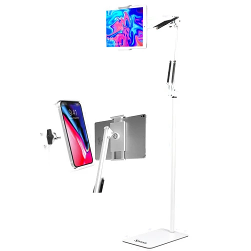 Spessn Adjustable Tablet Floor Stand Universal 360-degree Rotatable Metal Tablet Holder Phone Stand Compatible iPad/iPhoneX/iPad Pro 4.5~12.9 Inch-Screen, Phone, Kindle (White)