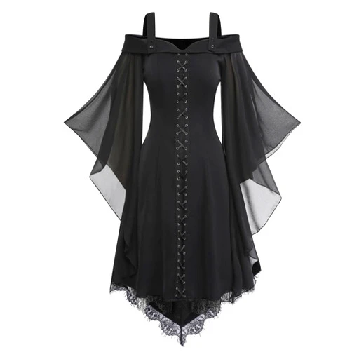 Olivcker Womens Halloween Costumes 2024 Medieval Gothic Dress Spaghetti Strap Lace Bell Sleeve Maxi Derss Goth Grunge Dresses