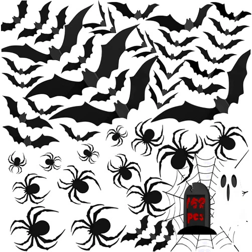 UABUITGLS 152 Pcs Hallween Decorations: Bats Wall Decor 140PCS 3D PVC Black Scary Bat Sticker and 12PCS 3D Scary Spider Stickers for Creepy Home Decor Halloween Party Decorations DIY Wall Decal