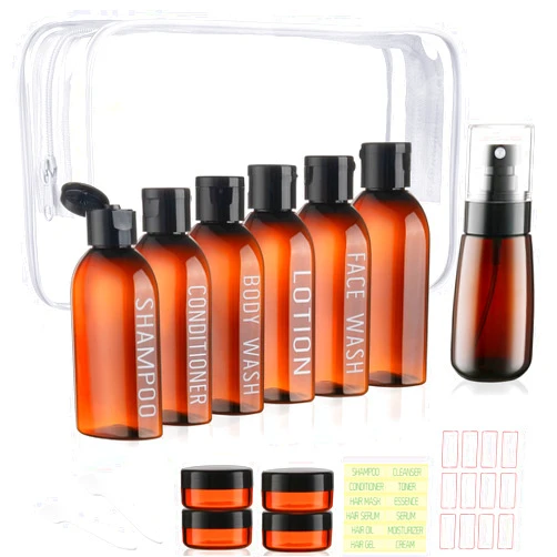 Wowang Travel Kit - 10 Pcs Travel Bottles for Toiletries, TSA Approved, Leak Proof Plastic Small Cream Jars & Refillable Spray Bottle for Shampoo, Conditioner (Brown)