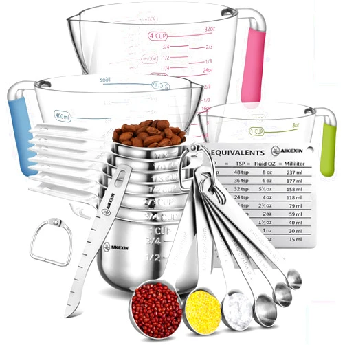AIKEXIN 20-Piece Measuring Cups and Spoons Set, Nesting Stainless Steel Measuring Cups Spoons with Plastic Measuring Cup for Dry and Liquid Ingredients, Kitchen Cooking & Baking Gadgets