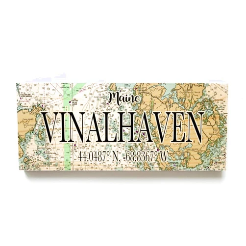 MapMom Vinalhaven Maine 3x9 Wood Coordinate Wall Hanging Sign; Shelfsitter | High Definition Ink Printed On Wood Home Décor Map | Ready to Hang | Perfect Gift for the Perfect Place