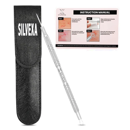 SILVEXA Milia & Whitehead Remover Lancet Tool – Double-Ended Angled Loop & Sharp Needle Extractor for Facial Blemish Extraction – Dermatologist-Inspired Design with Synthetic Leather Storage Case