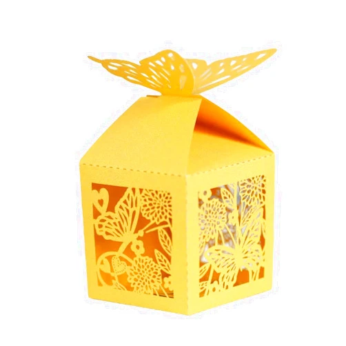 PatPatPet 50pcs Wedding Candy Boxes,3D Butterfly Design Luxury Lase Cut Party Wedding Favor Candy Chocolate Boxes Gift Box Table Decorations (Yellow)