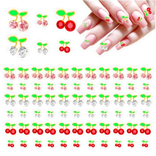 Teaaha 60PCS Cherry Nail Charms 2 Sizes 3D Alloy Nail Art Rhinestone Pink/Red/White Fruit Nail Charms, Cute Crystal Diamond Jewels Studs with Rhinestones Shiny Jewelry Nail Decorations Accessories Supplies