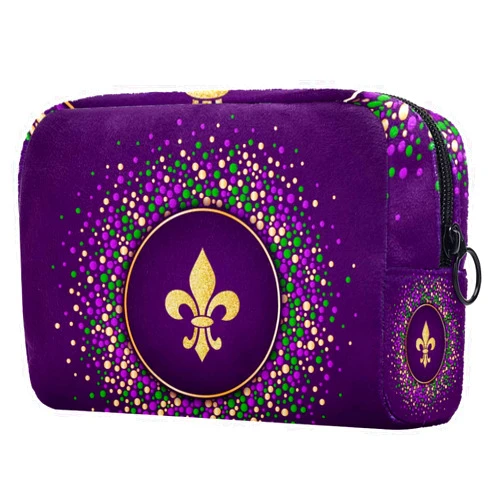 LEVEIS Mardi Gras Golden Glitter Fleur De Lis Small Makeup Bag Pouch for Purse Travel Cosmetic Bag Portable Toiletry Bag for Women Girls Gifts