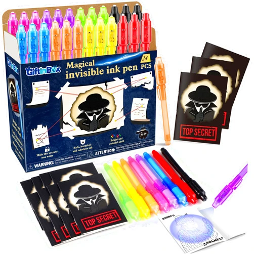 GIFTINBOX Invisible Ink Pens with UV light for Kids, Spy Pen Party Favors for Kids 8-12, 24Pack Invisible Ink Pen and Notebook, UV Pen for Secret Message Escape Room Birthday Party Favors for Kids 4-8