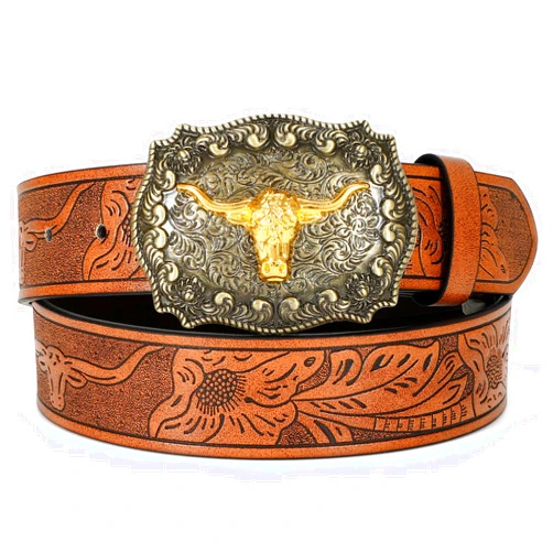 WOWOGO Women Men Western Belts Cowboy Cowgirl Country Belt Longhorn Bull Buckle Floral Embossed Belt for Jeans Dresses