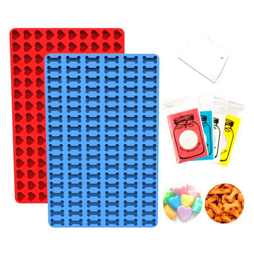 KRLIFCSL Chocolate Molds, 258 Cavity Mini Heart & Bone Shape Silicone Molds for Making Candy, Cookies, Biscuit, with Baking Scraper Candy bags, Making Cute Candy for Your Family (Heart & Bone 2 pack)