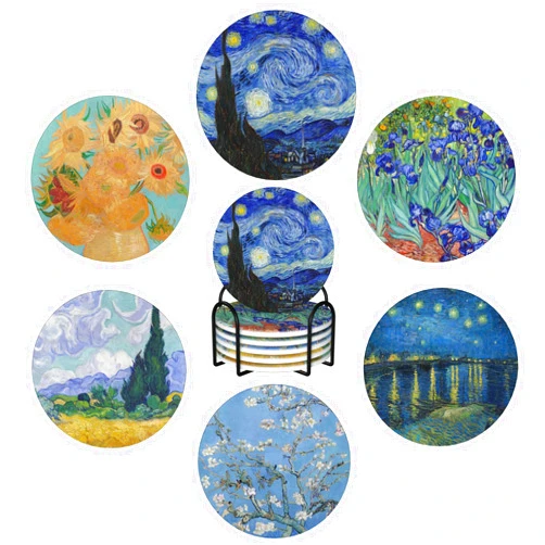 BoeshiBa Ceramic Coasters for Drinks with Cork Base Art Coasters Set - Use 6 Famous Van Gogh Paintings, Unique Housewarming Gifts for Home Decorative