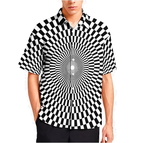 RIVNGJDE0078 Black White Psychedelic Vortex Plaid Hawaiian Shirt for Men Lapel Pocket Button Down Short Sleeve Tees Tops
