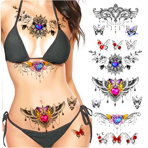ROARHOWL sexy temporary tattoos for women,sexy tattoo kit, beautiful and exquisite,3D realistic flowers, butterflies, abdomen, chest, waist and back apply false tattoos for girl (Design 1)
