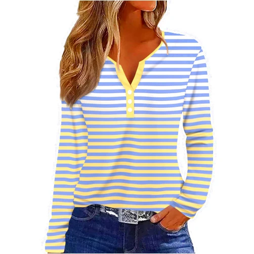 Hilinker Women's Long Sleeve Striped T Shirt Color Block V Neck Tops Button Down Tee Shirts