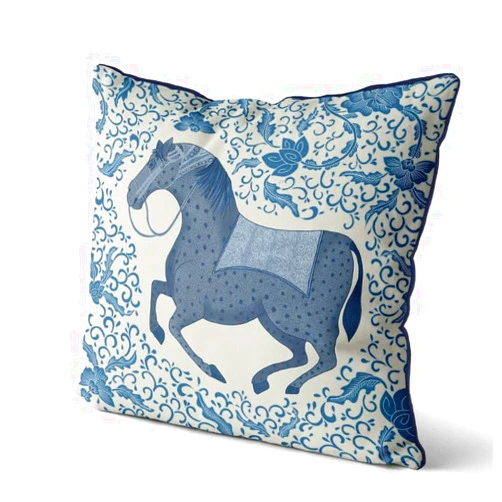 Metr Fabfunky, Chinoiserie Horse Blue & Creamy White Pillow/Cushion Cover, Zippered Base, Full Piping, 18