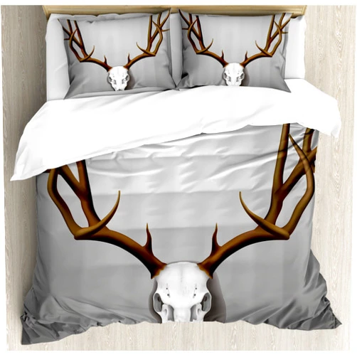 Ambesonne Antler Duvet Cover Set, Realistic Deer Skull with Large Horns Elk Skeleton on Abstract Backdrop Print, Decorative 3 Piece Bedding Set with 2 Pillow Shams, King Size, White Brown