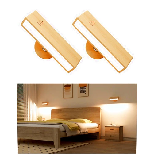 YiLaie Wall Sconces Battery Operated Set of Two,Rechargeable Wall Lights for Bedroom,Wall Lights Wireless Dimmable,Wood Wall Sconces with 360 Rotation,Peel and Stick Wall Sconces for Bedroom Bedside