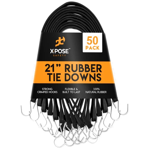Xpose Safety Rubber Bungee Cords with Hooks 50 Pack 21 Inch (32” Max Stretch) Heavy-Duty Black Tie Down Straps for Outdoor, Tarp Covers, Canvas Canopies, Motorcycle, and Cargo - by Xpose Safety
