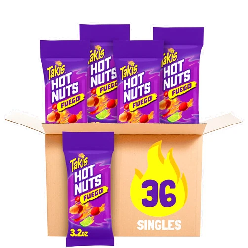 Takis Fuego Hot Nuts 3 ct, 12 pc / 3.2 oz Snack Size Case, Hot Chili Pepper & Lime Flavored Extreme Spicy Double-Crunch Peanuts
