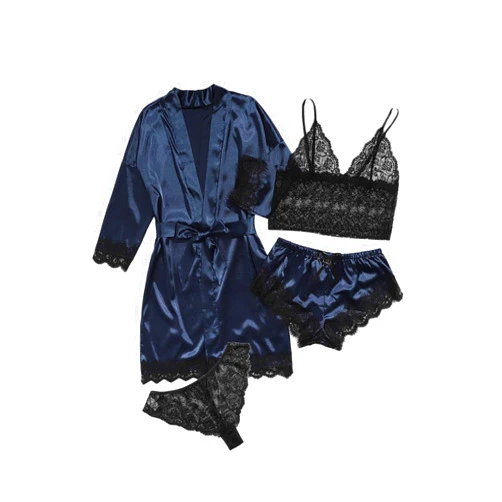 WDIRARA Women' Silk Satin Pajamas Set 4pcs Lingerie Floral Lace Cami Sleepwear with Robe