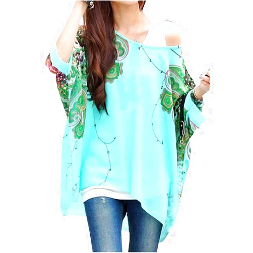 JLTPH Women Batwing Chiffon Shirt Bohemian Floral Semi Sheer Loose Blouse Tunic Tops