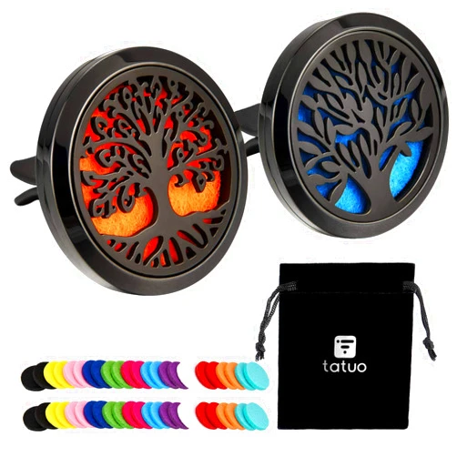 Tatuo 2 Pieces 316L Stainless Steel Car Aromatherapy Essential Oil Diffuser Air Freshener Vent Clip Locket with 48 Pieces Replacement Felt Pad for Christmas Valentine’s Day Giving (Tree Patterns)