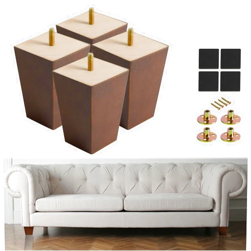 HAUSIST 4 Inch Wood Furniture Legs - Set of 4, Solid Wooden Square Couch Sofa Replacement Legs, Mid-Century Modern Feet for Coffee Table, Dresser, Ottoman, Bench, Armchair, Cabinet, Bed - Brown