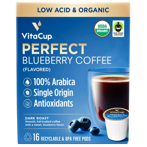 VitaCup Perfect Blueberry Flavored Low Acid Coffee Pods, Organic, Fair Trade, Dark Roast Single Origin from Guatemala, Clean & Pure, Recyclable Single Serve Pods, 16 Ct