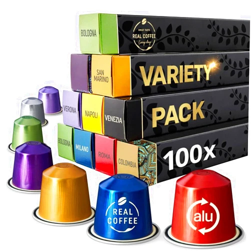 REAL COFFEE GREAT TASTE. EVERY DAY Mixed Variety Pack for Nespresso | 100 Test Winning Aluminum Capsules | 8 Distinctive Italian Flavors | 100% Nespresso Compatible Pods