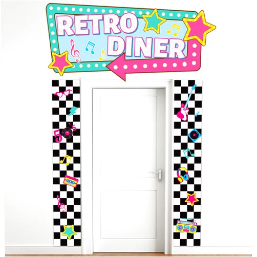 Wiooffen 3Pcs 50s Retro Diner Door Banner Back to 50's Theme Door Decorations 1950s Music Party Porch Sign Banner Black White Checkered Birthday Backdrop 1950s Soda Shop Photo Booths Hanging Banners