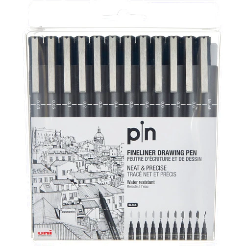 Uni-Ball UNI PIN FINELINER DRAWING PEN SET 12 BLACK