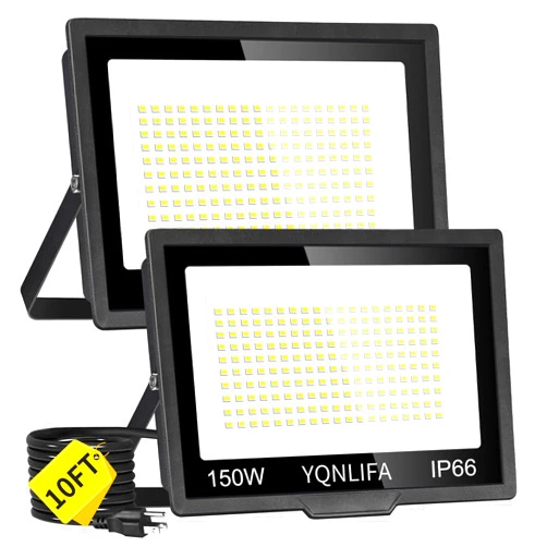 YQNLIFA 150W LED Flood Lights Outdoor with 10FT Power Cord, 18000LM 5000K LED Work Light, IP66 Waterproof Plug in Flood Light Outdoor Yard Lights for Garden, Garage, Yard, Lawn, Stadium(2 Pack)