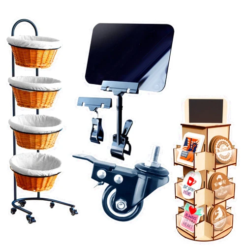 DS THE DISPLAY STORE 4 Tier Willow Basket Stand & 3 Tier Rotating Sticker Display Bundle Retail Display Rack For Vendors Farmers Market Basket