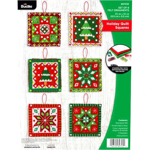 Bucilla, Holiday Quilt Squares, Felt Applique 4 Piece Ornament Making Kit, Perfect for DIY Arts and Crafts, 89753E