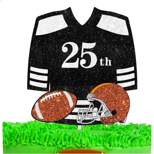HEYUWING Black Glitter Football Jersey 25th Cake Topper Rugby Football Theme Decor Supplies Men Boys Happy Birthday Sports Stars Party Decorations