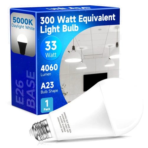 UNILAMP 300W Equivalent LED Light Bulb E26, 33W Light Bulb Daylight 5000K, Super Bright 4060LM, A23 E26 LED Edison Screw Bulb for Garage, Warehouse, Street Backyard, Non-Dimmable, 1-Pack