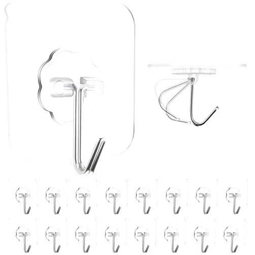 ZESLMG Adhesive Hooks for Hanging, Stainless Steel 16 Pack Sticky Wall Hooks 22lb(Max) Removable, Heavy Duty Self Adhesive Hooks Waterproof Oilproof for Bathroom Shower Kitchen Outdoor Towel Keys, Clear