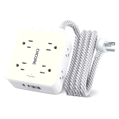 CHCORE Surge Protector Power Strip - CHCORE 5Ft Braided Extension Cord with 8 Outlets with 4 USB (2 USB C) Charging Ports, Flat Plug Multi Plug Outlet Extender Charging Station for Home Office, ETL, White