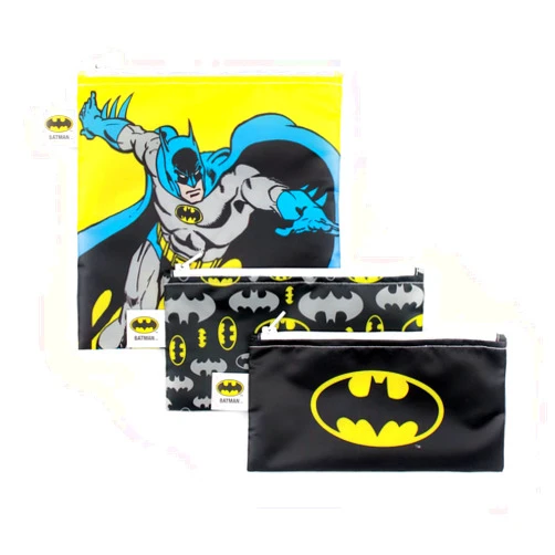 Bumkins Reusable Sandwich and Snack Bags, for Kids School Lunch and for Adults Portion, Washable Fabric, Waterproof Cloth Zip Bag, Travel Pouch, Food-Safe, 3-pk Batman DC Comics