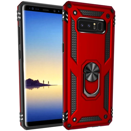 Dishibei Military Grade Drop Impact Case for Galaxy Note 8 with 360 Metal Ring Kickstand, Magnetic Car Mount & Shockproof Armor - Red