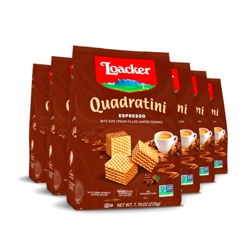 Loacker Quadratini Espresso Wafer Cookies LARGE - 30% Less Sugar - Premium Crispy Bite Size Wafers - NON-GMO - LARGE Pack of 6