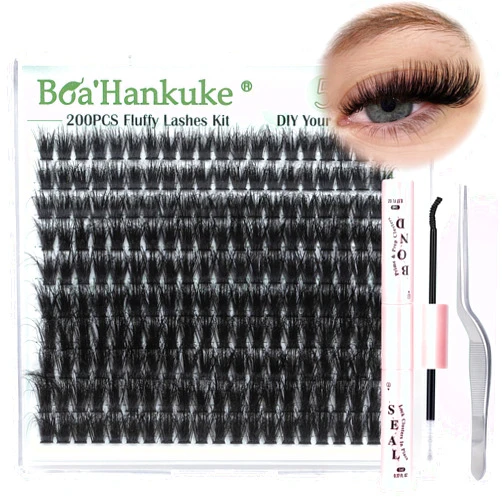 Boahankuke 14-18mm Lash Clusters Kit DIY Lash Extension Kit 200PCS Mink Eyelash Extension Kit D Curl Fluffy Cluster Eyelash Extensions Kit Individual Lashes Kit with Lash Bond and Seal, Tweezers