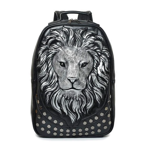 Kiisy 3D Lion Leather Laptop Backpack Unique Designer Fashion Travel Rivet Punk Backpack (Black S)