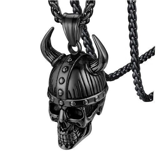 FaithHeart Loki Horn Necklace for Men, Odin Awe Helmet Horn Pendant Boys Black Stainless Steel Vintage Punk Viking Jewelry Skeleton Accessories