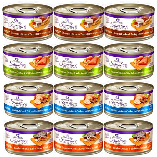 Wellness Canned Grain Free Wet Cat Food - Variety Bundle 4 Flavors Pack with Hotspot Pets Food Bowl (12 Cans) (Chicken & Beef, Chicken & Liver, Chicken & Salmon, Chicken & Turkey)(2.82oz)
