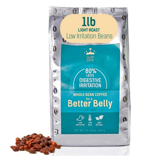 Glorybrew Low Acid Whole Bean Coffee 1 lb I Light Roast Coffee Beans I For Sensitive Stomachs - Less Irritation I Unique Screw Cap for Fresh Coffee I 100% Natural
