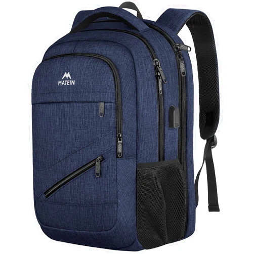 MATEIN 17 inch Laptop Backpack, Large Travel Backpack Carry On Flight Approved with Trolley Sleeve, Computer Work Bag with USB Charging Port, Water Resistant Daypack for College, Dark Blue