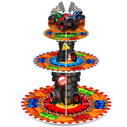Sunnyray 3 Tier Truck Party Decorations Cupcake Stand Race Car Cupcake Tower Favors Racing Truck Party Dessert Holder Car Theme Dessert Stand for Kids Boys Race Car Birthday Supplies