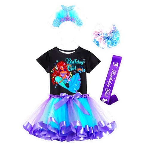 Doctor Unicorn Birthday Girls Mermaid Outfit Set Costume Tutu Skirt Dress, Mermaid Birthday Shirt, Headband & Satin Sash