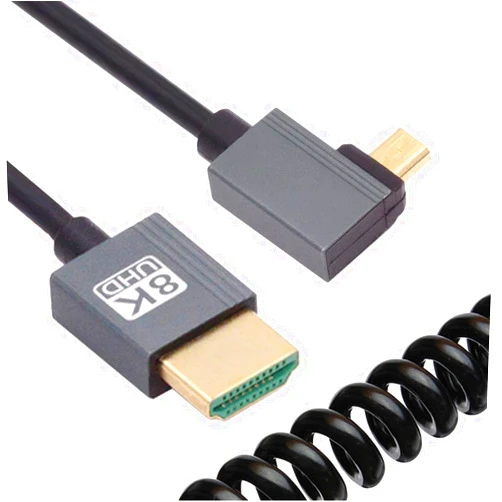 cablecc 8K 60hz Micro HDMI Type-D 2.1 Male to HDMI Male Stretch Coiled Cable Right Angled for HDTV Computer Laptop Monitor 100cm
