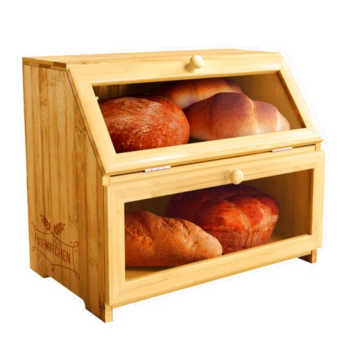 KIFIKITCHEN Bamboo Bread Box Space Saving Rustic Flat-Top Bread Bin for Countertop - Store Bread Cake and Baked Goods - 15 x 9.8 inches (2 Tier box)